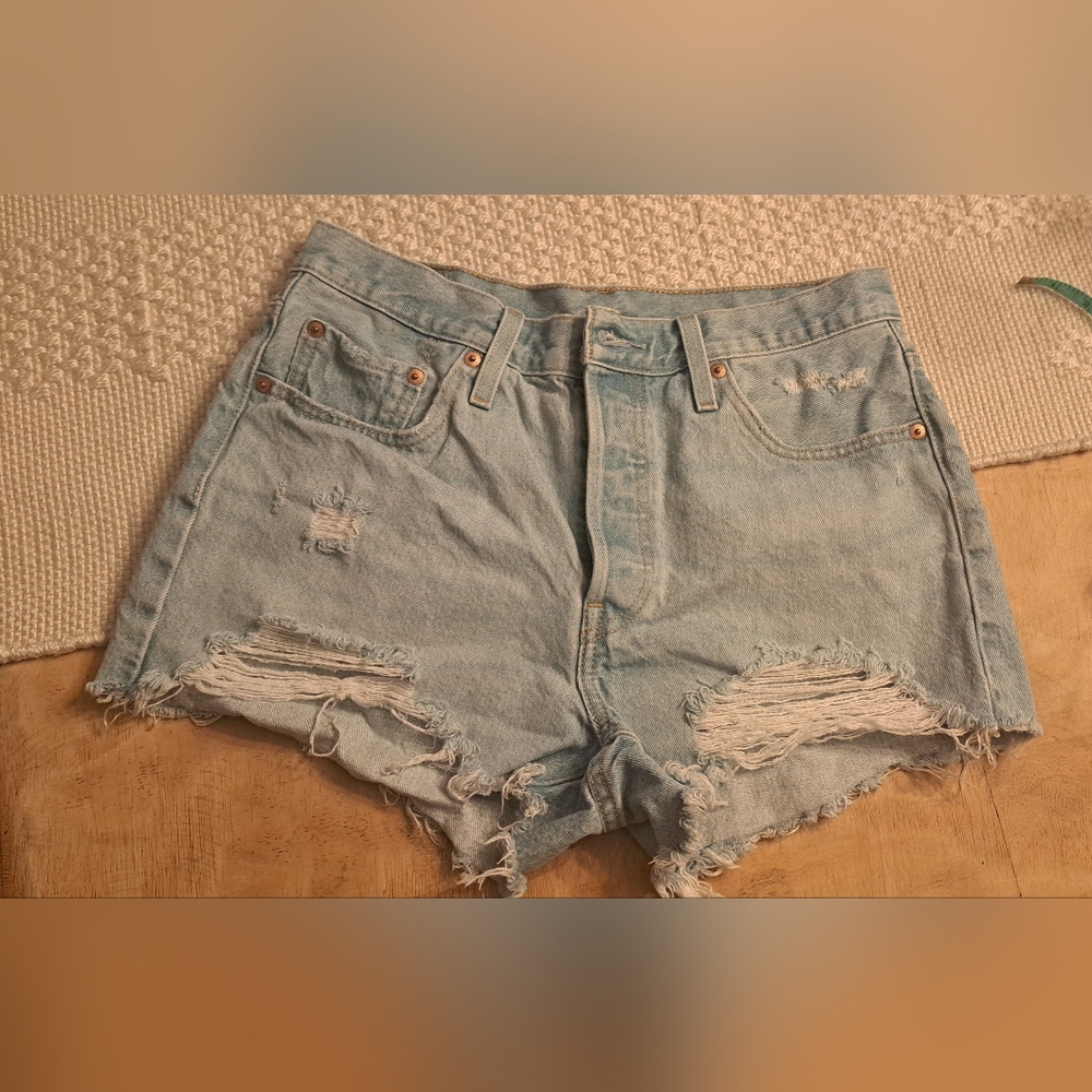 Levi's Blue High-Waisted Distressed Jean Shorts